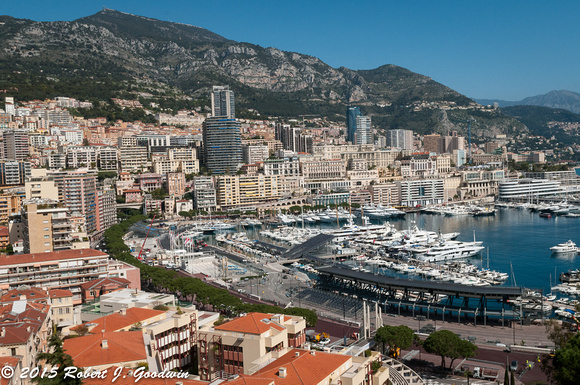 Monte Carlo, Monaco - View of the harbor from the palace.  Preparations for the Formula 1 race can be seen in the foreground.